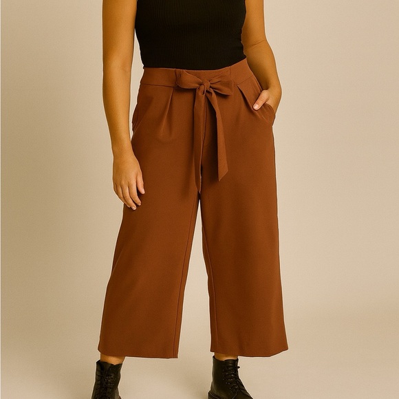 Brown Wide leg paper bag trousers with tie waist - Picture 2 of 7